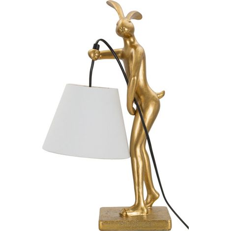 Lampada da tavolo Rabbit Stand in resina oro e bianco con paralume in tessuto