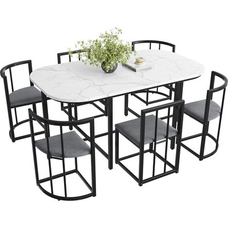 Ensemble table à manger 6 chaises blanche avec chaises à dossier et coussins en velours gris, structure en métal noir, style moderne pour salle à manger  CHICFURN (1/5)