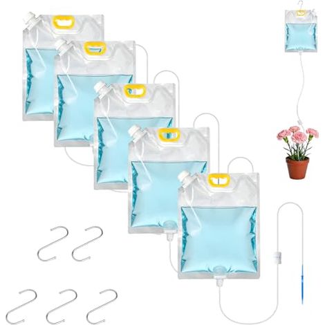 5PCS 5 L Sac Darrosage Automatique Kit, Sacs D'irrigation Goutte à pour Plantes, avec Commande Réglable et S Crochets, Systeme Arrosage Automatique, Plante Irrigation Jardin Vacances - (1/5)