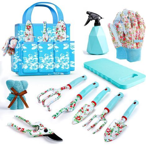 Garten-Geschenkset für Frauen – Florale Gartengeräte mit Tragetasche – Ideales Geschenk für Mama, Freundin oder jede andere Frau – Geburtstag, Weihnachten (Blau) (1/5)