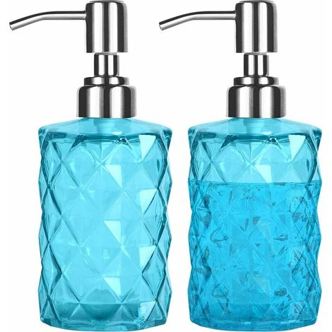 royaluxe - Lot de 2 distributeurs de savon en verre rechargeables avec pompe, liquide vaisselle, distributeur de savon pour les mains pour comptoir de salle de bain, cuisine, buanderie, bleu (1/5)