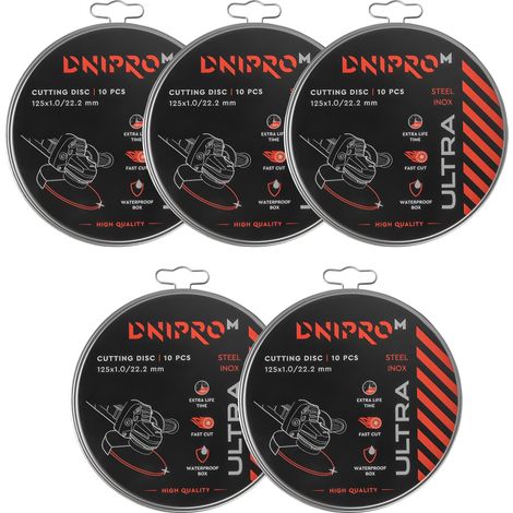 Pack de 50 discos de corte Dnipro-M ULTRA para metal, 125 x 1 x 22,2 mm, reforzados, con caja metálica (1/3)
