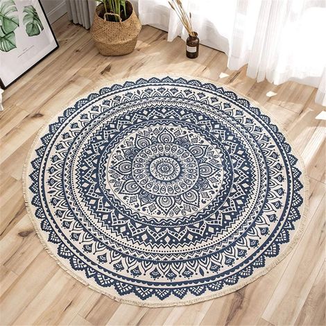 Tapis rond Mandala en coton style bohème, diamètre 92 cm – Décoration ethnique pour salon, chambre, intérieur chic et doux–DELKEVIC
