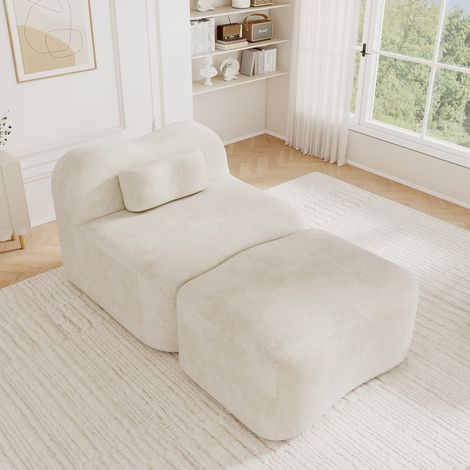 Canapé modulable une place sans cadre avec pouf, design ondulé, garnissage en mousse haute densité 32D, coussin de dossier amovible, tissu doux, idéal pour appartement, salon et chambre, beige (1/5)