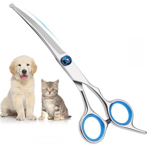 Ciseaux Chien Toilettage, Ciseaux pour Chien, Ciseaux Toilettage Chien, Ciseaux pour Chiens Avec Peigne pour Chien, Ciseaux de Toilettage pour Chiens à Tête Ronde(Ciseaux Courbés Bleus) (1/5)