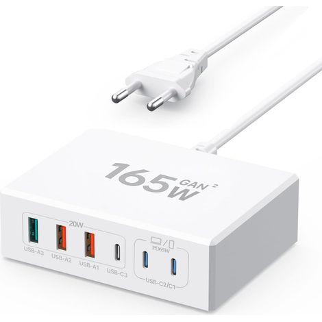 Chargeur USB C, 165W Adaptateur USB C Chargeur Multiple à 6 Ports avec 3 USB-C et 3 USB-A, Chargeur Rapide PD 3.0 USB C, Bloc d'alimentation Compatible avec iPhone/Samsung/Google/iPad/Laptop/Tablets (1/5)