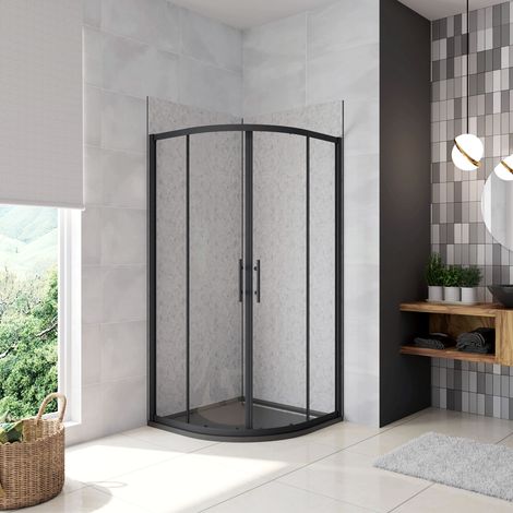 80x80x185 cm Box Doccia Semicircolare Ante Scorrevoli Vetro Temperato 5mm Trasparente Profilo Nero Opaco Piatto Doccia incluso (1/5)