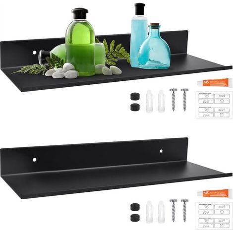 Étagère murale - Bibliothèque - Étagère de douche - Étagère murale de cuisine - 2 pièces - 30124 cm - Alliage d'aluminium - noir - Flottante - sans perçage - pour salle de bain à domicile (1/4)