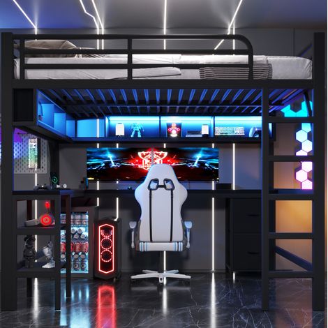 Lit mezzanine en métal 140 x 200 cm avec bureau, bibliothèque, armoire, USB et LED, noir HAVRYA (1/5)