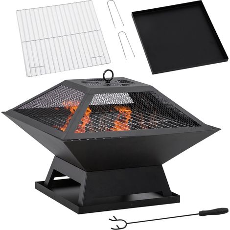 Feuerschale Mit Grillrost Und Funkenschutz Garten Feuerkorb, Schürhaken, Stahl, Schwarz, 45X45X34Cm (1/5)