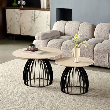 Lot de 2 tables basses rondes 70 cm et 50 cm effet bois et metal (1/5)