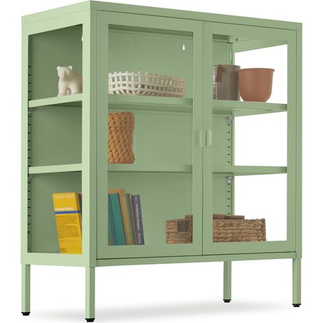 Vitrine métallique, acier thermolaqué, 2 portes, , 59 cm, vert sauge