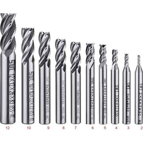Lot de 10 forets à 4 cannelures - de 2 à 12 mm Fraise en Bout- Ensemble de forets à tige droite HSS CNC pour perceuse - Ensemble d'outils pour bois, aluminium, acier et titane (1/2)