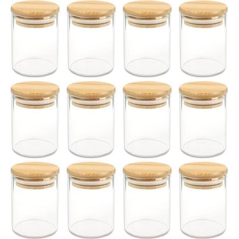Runde Gewürzgläser, 120 ml (7,5 x 5,5 cm), mit Bambusdeckeln und Etiketten. Erhältlich im Set mit 6, 12 oder 24 Gläsern. Menge: 12 Gläser. (1/5)