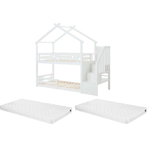 Lit superposé cabane 90 x 190 cm - Pin et MDF + Matelas - Blanc - TALETY (1/5)