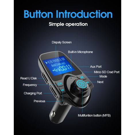 Großflächiger Bluetooth-MP3-Player mit Freisprechfunktion fürs Auto, verlustfrei, mit audiovisueller Navigation und FM-Transmitter.