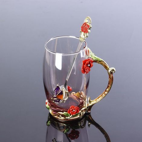 Tasse à thé en verre émaillé en forme de fleur avec cuillère, cadeau d'anniversaire pour elle (rouge-haut) (1/5)