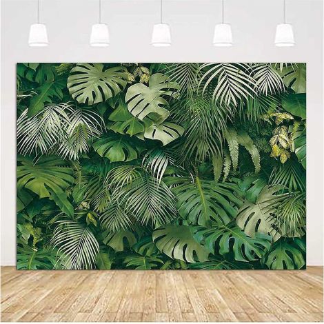 Fond photo en vinyle vert tropical avec feuilles de palmier (2,1 x 1,5 m), motif jungle et plantes de safari, idéal pour une fête hawaïenne (luau), une bannière ou un anniversaire. (1/5)