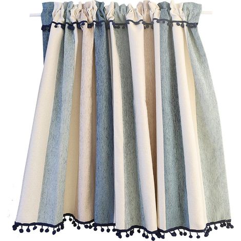 Cortina corta de cocina para ventana pequeña, cortina de café opaca a rayas azul beige, cortinas escalonadas, cortinas de discos, paneles, cenefas. (1/5)