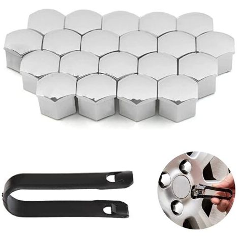 20 Pièces Capuchons d'écrou de Roue, 17 mm Anti-poussière Couvercle de Jante placage, Hexagonal Chrome Boulon Couvre Roue Cache-écrous, Argent (1/5)