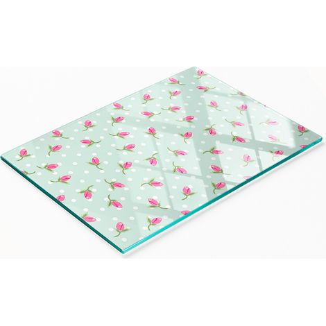 Tabla de servir de cocina de vidrio templado con dise帽o de rosas, 80x52 cm.