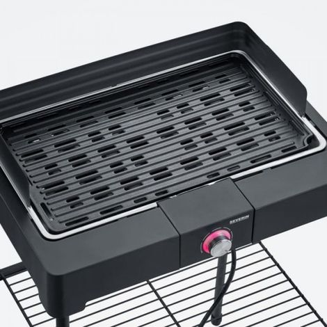 Severin – Barbecue électrique 2200W – Grille en fonte d'aluminium 44,5x26cm – Hauteur 85cm – Pare-vent amovible en inox