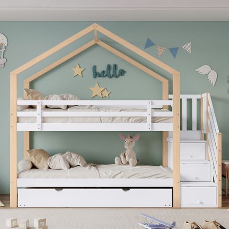 Lit superposé type cabane extensible avec tiroirs, barrières de sécurité – lit enfant natureblanc 90x200 et 90x190 (1/5)
