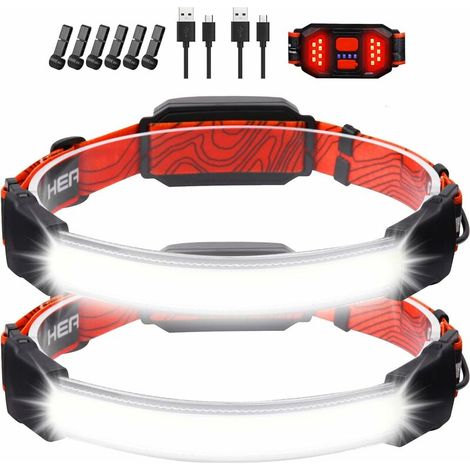 Rechargeable Led Headlamp,2 Pieces Of 1500 Lumens Head Torch,Ipx6 Waterproof And Red Rear Headlamp,3 Light Modes,Suitable For Camping,Hiking,Working,Fishing (1/5)