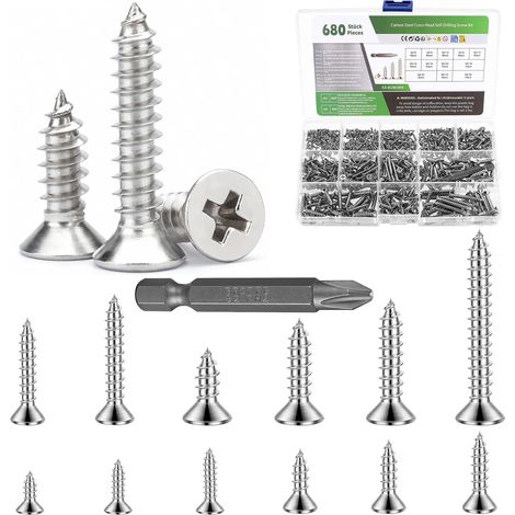 Lot de 680 vis M2 M3 M4 - Jeu de vis à bois autotaraudeuses - Assortiment de vis à panneaux d'aggloméré - Vis à tête fraisée cruciforme - Vis à tête plate (argenté) (1/5)