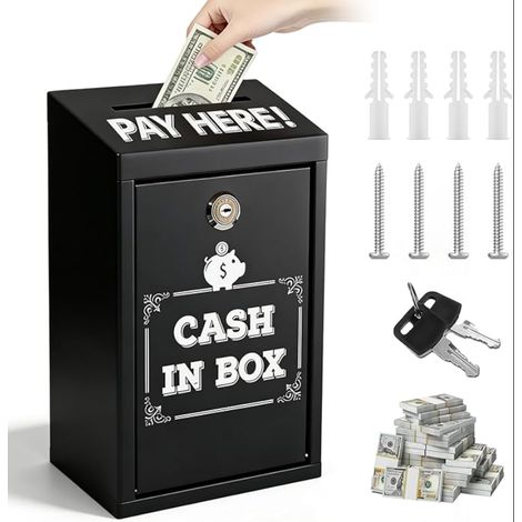Tirelire avec clé : caisse à monnaie en métal avec clé, boîte verrouillable murale, boîte à dons, boîte à propositions pour la maison, le bureau, la porte extérieure (noir) (1/5)