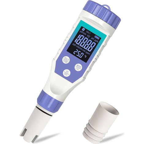 Testeur d'Eau Hydrogénée, 7-en-1 H2 TMEP EC TDS ORP SALT pH Mètre pour Bouteille d'Eau Hydrogénée, Testeur de Dureté de l'Eau pour Eau Potable, Eau Filtrée, Jus, Café. (1/5)