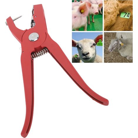 Ergonomische rote Ohrmarkierungszange für Nutztiere mit rutschfestem Griff zur einfachen Anwendung bei Schweinen, Schafen und Rindern. (1/5)