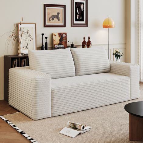 Canapé 2 place 180cm en velours côtelé,2 coussins,assise profonde, loveseat,modulaire,sans montage,compression,pour salon,chambre,blanc
