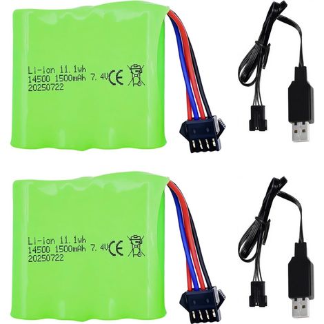 Batterie Li-ION 7,4V 1500mAh avec connecteur SM-4P et câble de Charge pour DE36W DE65 1803 1809 Voitures radiocommandées Monster Truck, Buggy, Crawler RC modèles (2 pièces) (1/5)