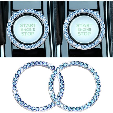 2 Pièces Couvercle Du Bouton De Démarrage Du Moteur De Voiture En Strass Cristal, Auto Moteur Démarrage Arrêt Cristal Strass Bouton Anneau Autocollant, Voiture Décor Accessoires (Bleu1) (1/5)