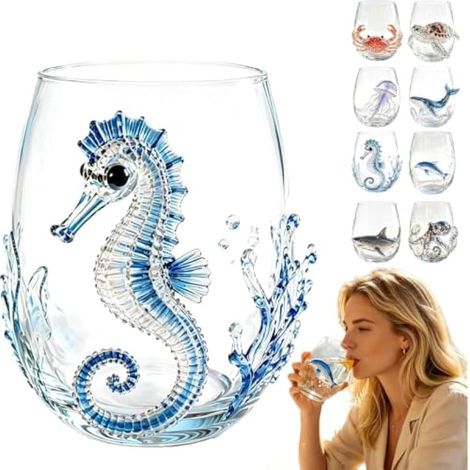 Verres artisanaux en forme de pieuvre à anneaux bleus, 2D plats en forme de pieuvre, verres à vin sans pied, collection de verre en relief Ocean Fantasy, verre de bar fabriqué à la main, cadeau de (1/5)
