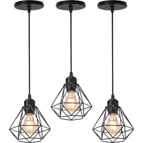 U-Do 3Pcs Lustre Suspension design Vintage Lampe Cage forme Diamant mini en Fer Noir E27 Plafonde Brillant pour Salon Cuisine (1/4)
