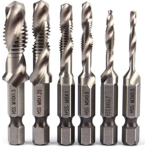 Vtizikl 6pcs HSS Jeu de Foret Mèche à 1/4" Tige Hexagonale Set Robinet de Foreuse de Combinaison HSS Bit M3-M10 Filetage Métrique Drill Pour Bois fer Aluminium Argent (1/4)