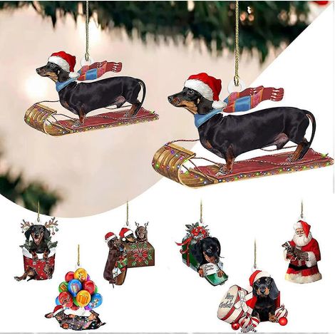 7 adornos para árbol de Navidad, colgante navideño de perro salchicha con impresión a doble cara, decoración colgante para árbol de Navidad (1/4)