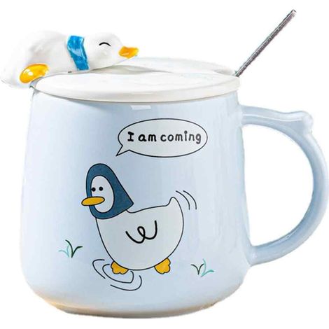 1 tasse en céramique, 350 ml, motif canard dessin animé, pour petit-déjeuner ou café, disponible en rose, bleu, vert, gris (1/5)