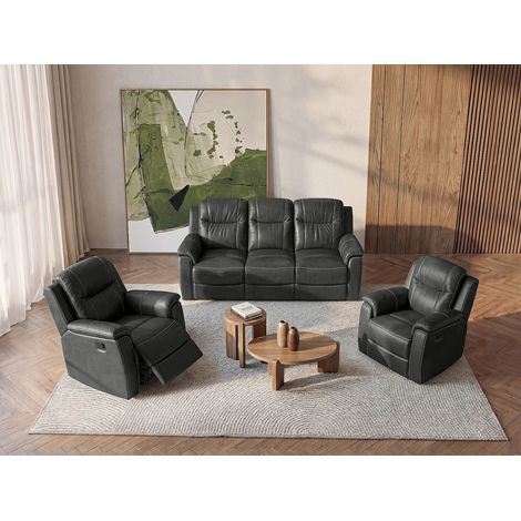 Vente-Unique – Canapé relax 3 places en cuir de vachette – 2 fauteuils relax – Système de levier pour ajustement – Gris anthracite (1/5)