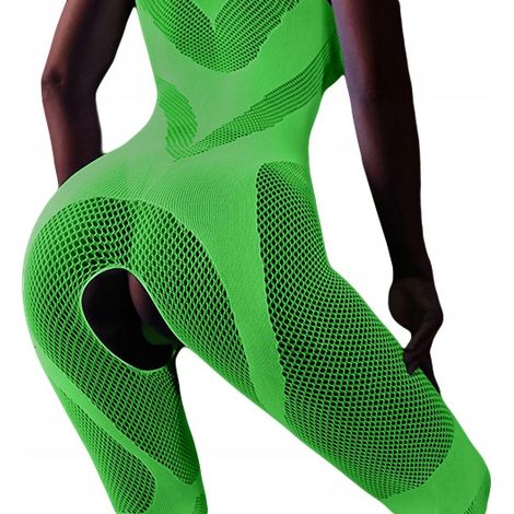 Im Dunkeln leuchtender Mesh-Dessous-Jumpsuit mit offenem Schritt