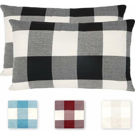DEESSE SHOP - Housses de coussin à carreaux, lot de 2 taies d'oreiller en polyester lin infroissable et respirant, taie d'oreiller à carreaux, housses de coussin décoratives pour la maison (1/5)