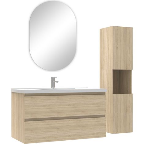 Acezanble ensemble meubles simple vasque 100cm,colonne + miroir ovale Chêne Wotan
