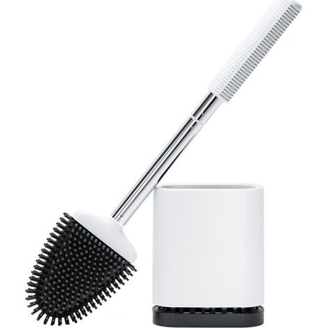 Brosse WC Silicone, Brosse de Toilette Silicone et Support, Balayette WC Suspendu à Séchage Rapide avec Manche en Acier Inoxydable, Balai Toilette Salle de Bain, Autoportant/Mural, Blanc (1/4)