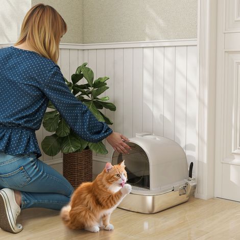 Bac à litière pour chat en acier inoxydable avec couvercle, sac désodorisant, pelle, facile à nettoyer, 52,4 x 41,3 x 39,9 cm, gris (1/5)