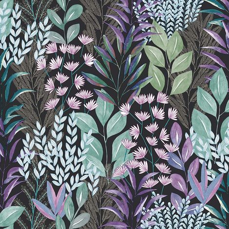 Papier peint feuillage aquarelle nuit violet (1/3)
