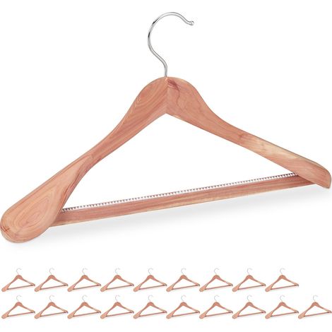 20 Perchas Traje Madera de Cedro, Contra Polillas, Antideslizantes, Hombros Anchos, Barra, 45 cm, Marrón