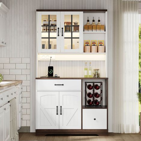 Meuble haut cuisine grange 105x40x185cm vintage, rangement LED changeante étagères tiroirs prises - Naturel + Blanc (1/5)