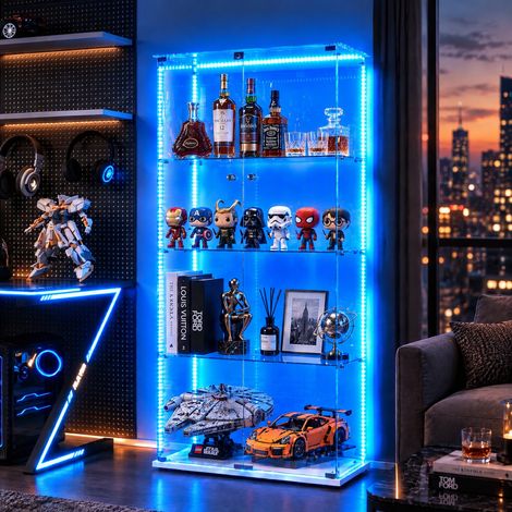 JOOKGBD-Glasvitrine,2 Tür vitrinenschrank 4 Regalen,mit Schloss und LED,Sammlerstücke Glasvitrine,Bücherregal aus Glas,Vertikale Glasvitrine,für Wohnzimmer Schlafzimmer Büro,Lampenkugel-Stil,Weiß